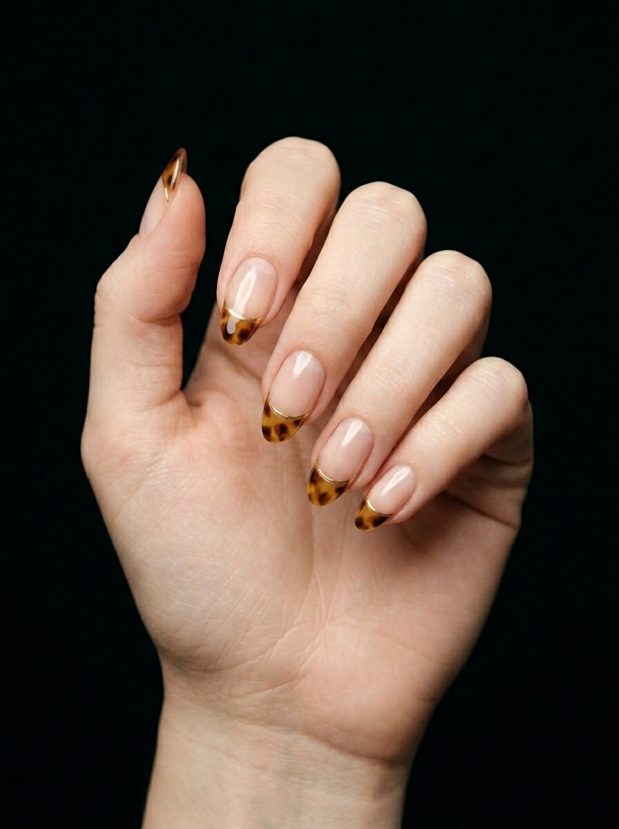 Francesa Carey con Toque Dorado, nail art french, color dorado, forma almendra, nails Leander TX