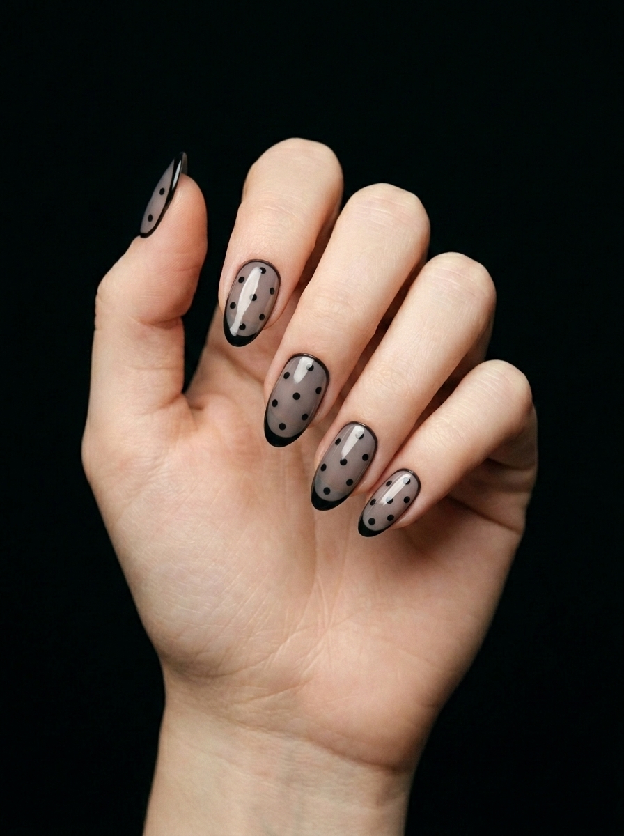 Manicura Negra Con Lunares Elegantes, nail art nail_art, color negro, forma cuadrada, nails Leander TX