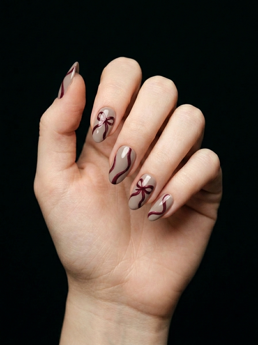 Nude Con Lazos Burdeos, nail art nail_art, color nude, forma cuadrada, nails Leander TX