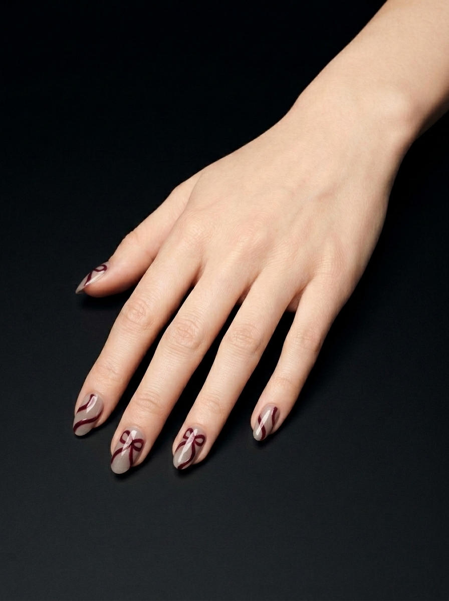 Nude Con Lazos Burdeos, nail art nail_art, color nude, forma cuadrada, nails Leander TX