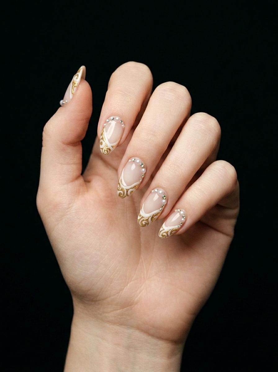 Manicura Elegante con Acentos Dorados, nail art nail_art, color blanco, forma almendra, nails Leander TX