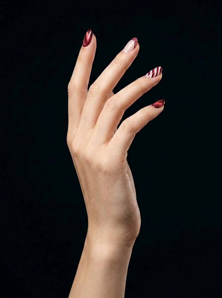 Manicura Navideña Burdeos y Candy Cane, nail art nail_art, color burdeos, forma oval, nails Leander TX