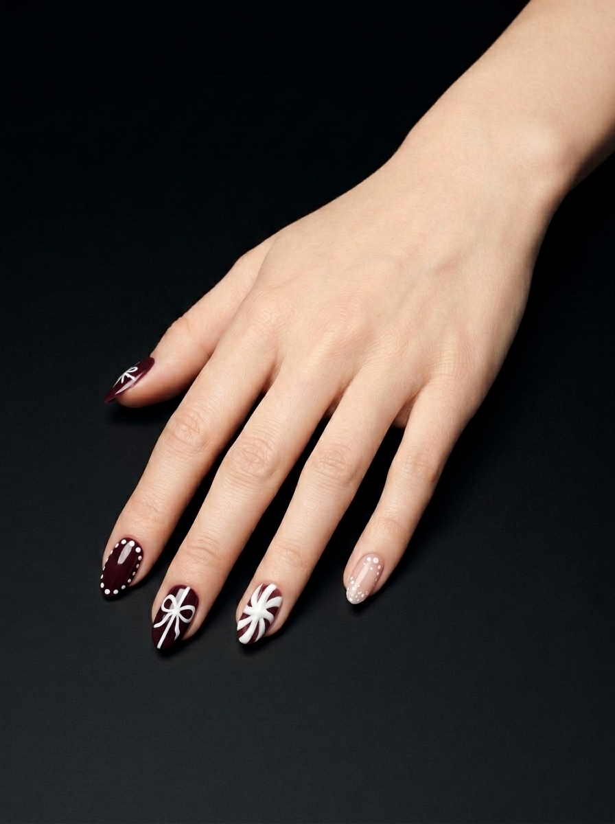 Manicura Navideña Burdeos y Blanca, nail art nail_art, color burdeos, forma coffin, nails Leander TX