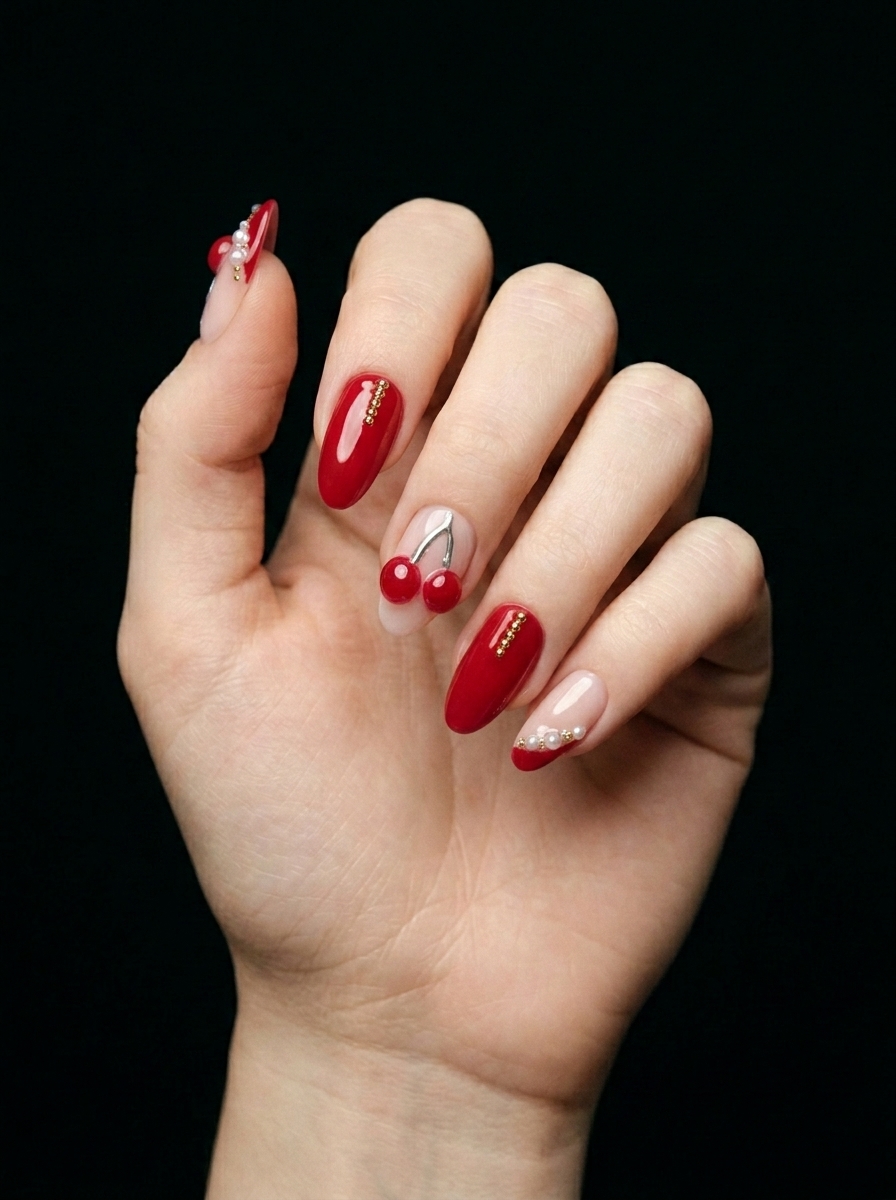 Manicura de Cerezas y Perlas, nail art nail_art, color rojo, forma almendra, nails Leander TX