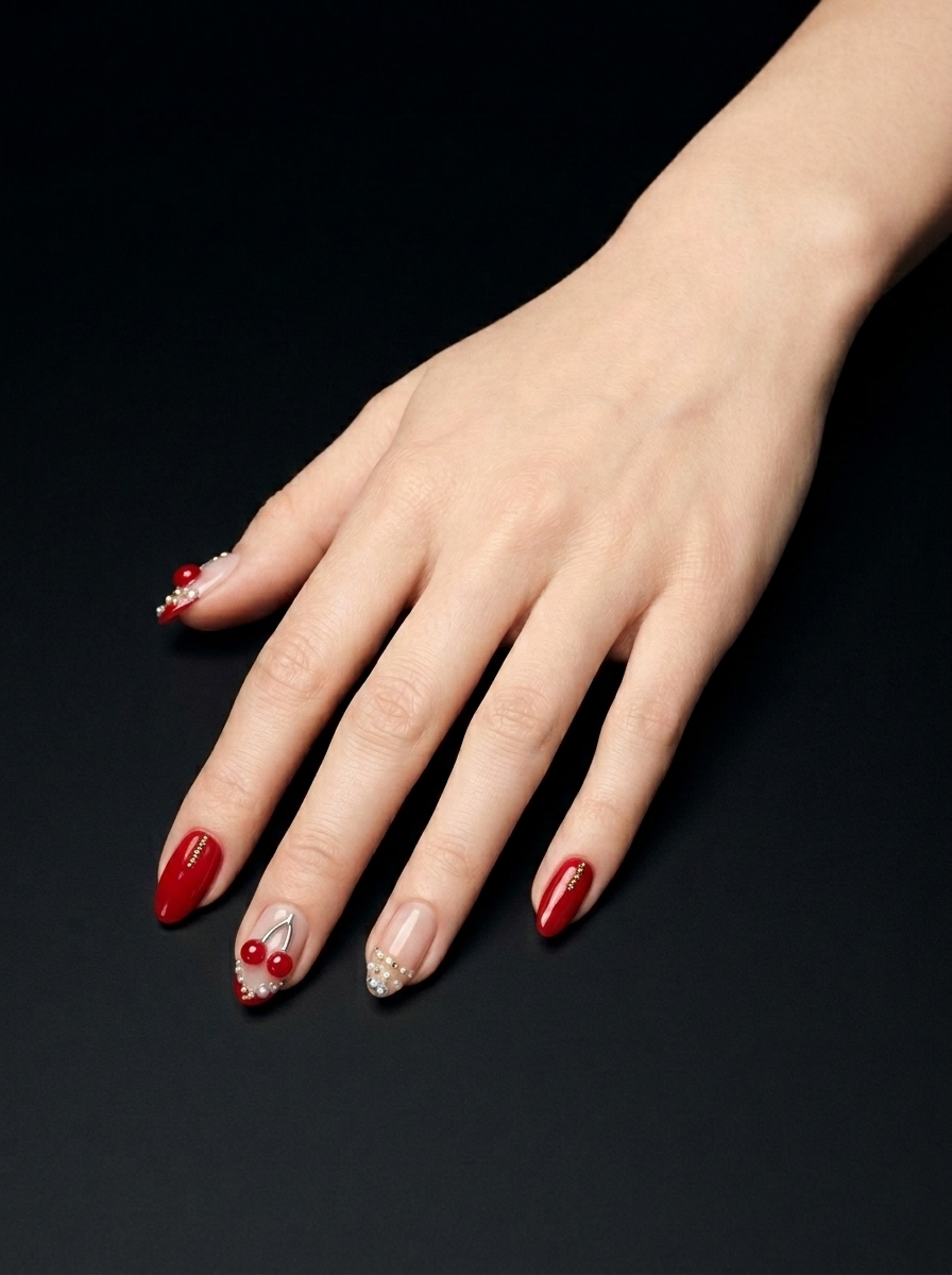 Manicura de Cerezas y Perlas, nail art nail_art, color rojo, forma almendra, nails Leander TX