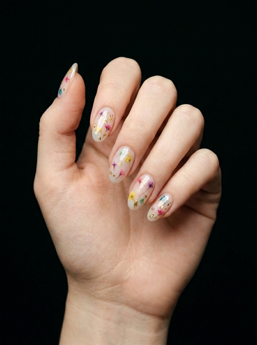 Manicura Con Flores Preservadas, nail art floral, color multicolor, forma almendra, nails Leander TX