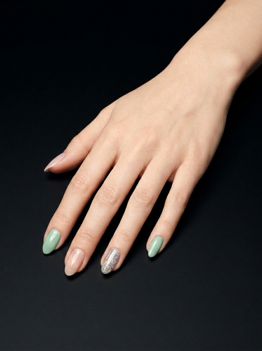 Manicura Salvia y Ópalo Brillo, nail art nail_art, color multicolor, forma oval, nails Leander TX