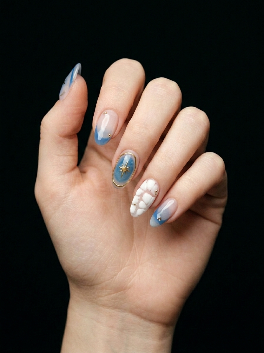 Elegancia Azul y Oro, nail art nail_art, color azul, forma almendra, nails Leander TX