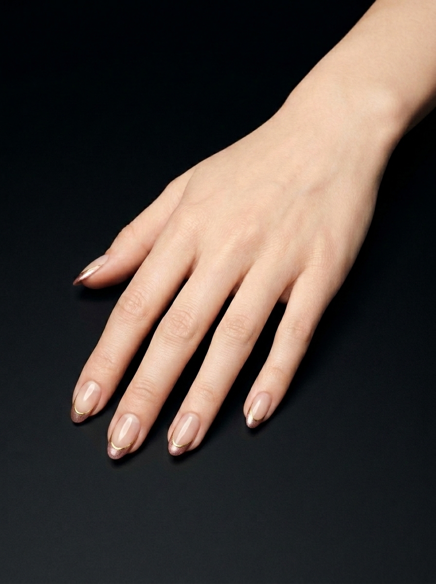 Manicura Francesa Dorada, nail art french, color nude, forma almendra, nails Leander TX
